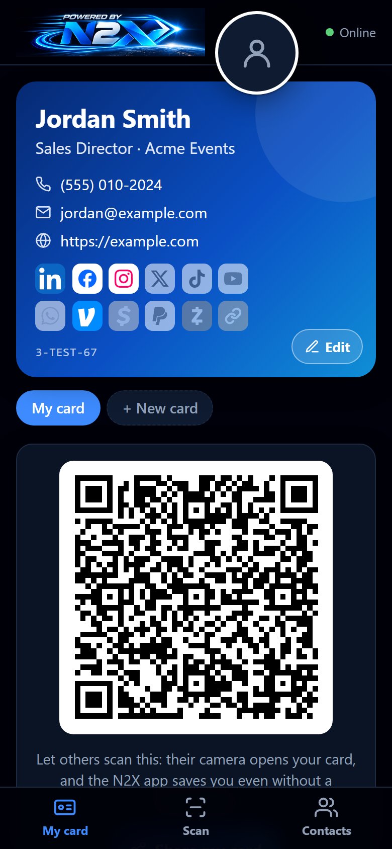 The N2X Cards app on a phone: a card with its links and QR code