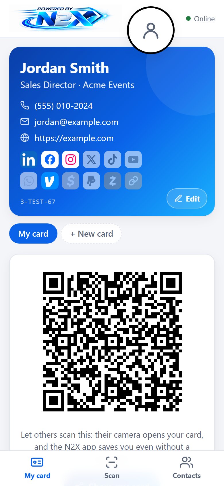 The N2X Cards app on a phone: a card with its links and QR code